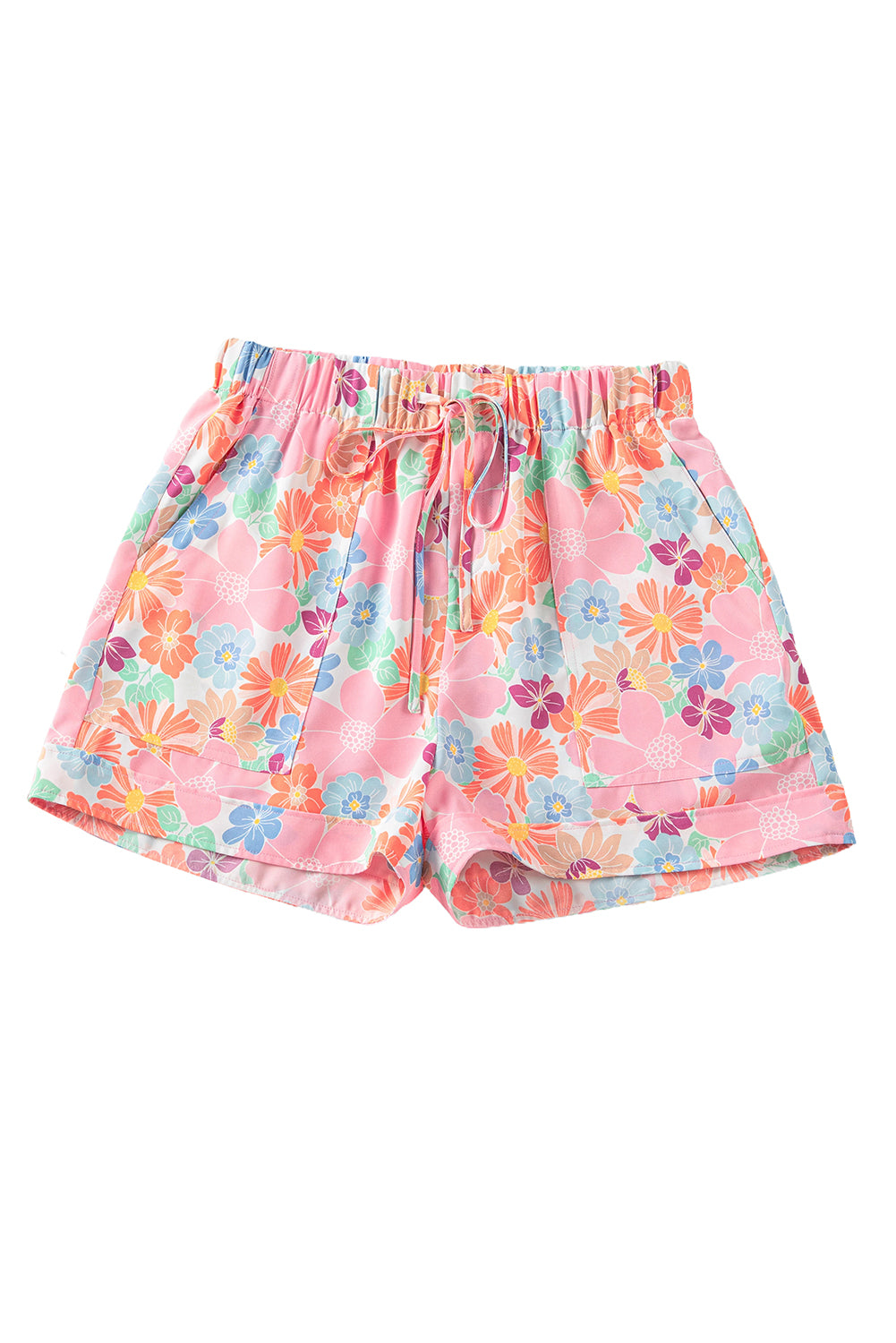 Pink Pockets Lace-up Elastic Waist Floral Shorts