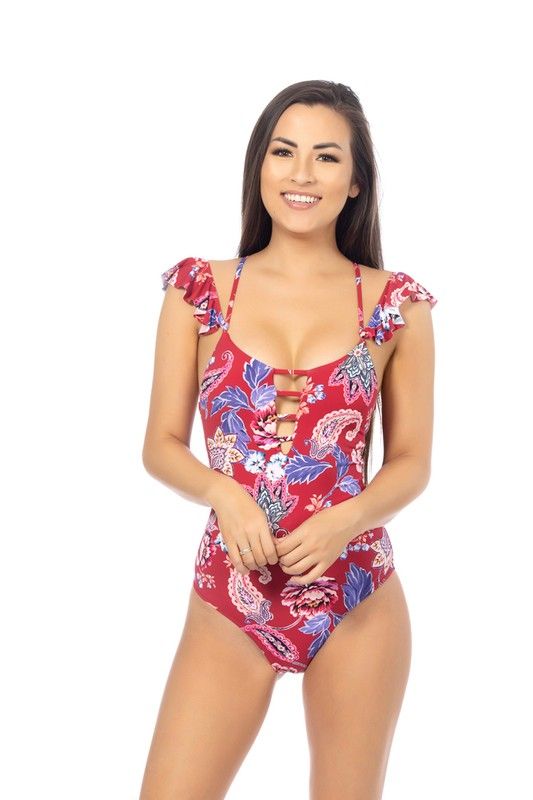 RED PAISLEY ONE PIECE SWIMSUITRed paisley printed deep scoop one piece featuring ladder front detail, ruffled sleeves, and adjustable crisscross back. Moderate to full coverage bottom, removable 