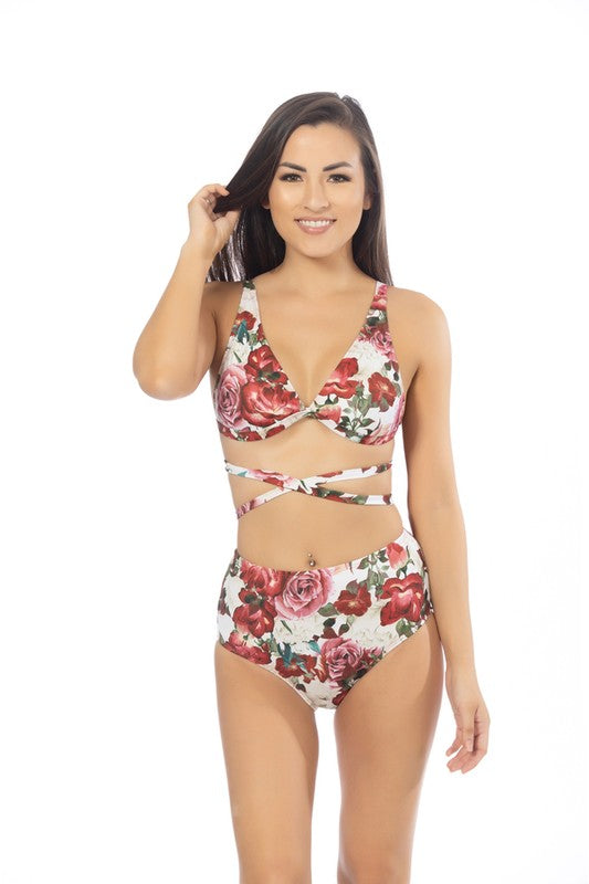 BRALETTE BIKINI SET, FLORAL PRINT,WRAP AROUNDBralette bikini top featuring new floral print. Criss-cross wrap-around under band that ties on back. Parallel bra-like adjustable shoulder straps. Matching high-wai