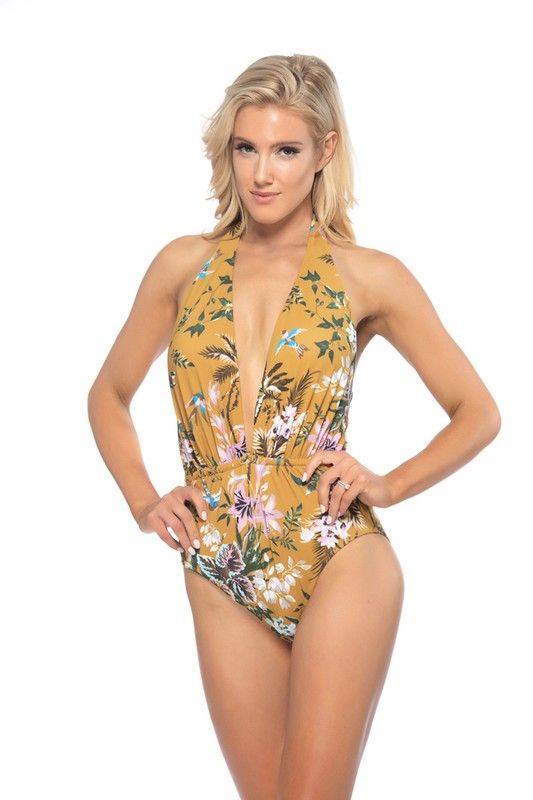 ONE PIECE SUNSHINE FLORAL PRINT SWIMSUITSunshine floral deep V plunging one piece that fits comfortable without tight lines, Elongating high waist, and flattering shirring at bust and waist accentuate all 