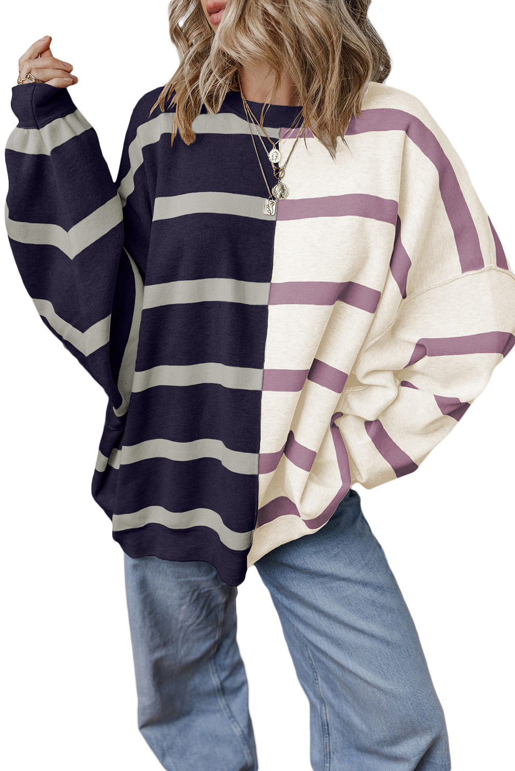 Blue Stripe Exposed Seam Patchwork Loose Sweatshirts