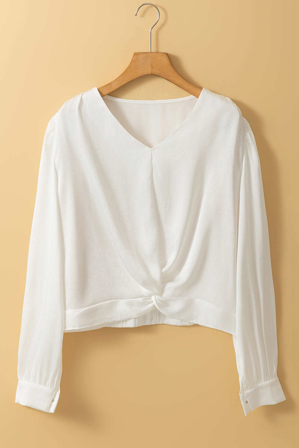 White Twisted Hem V Neck Textured Crop Blouse