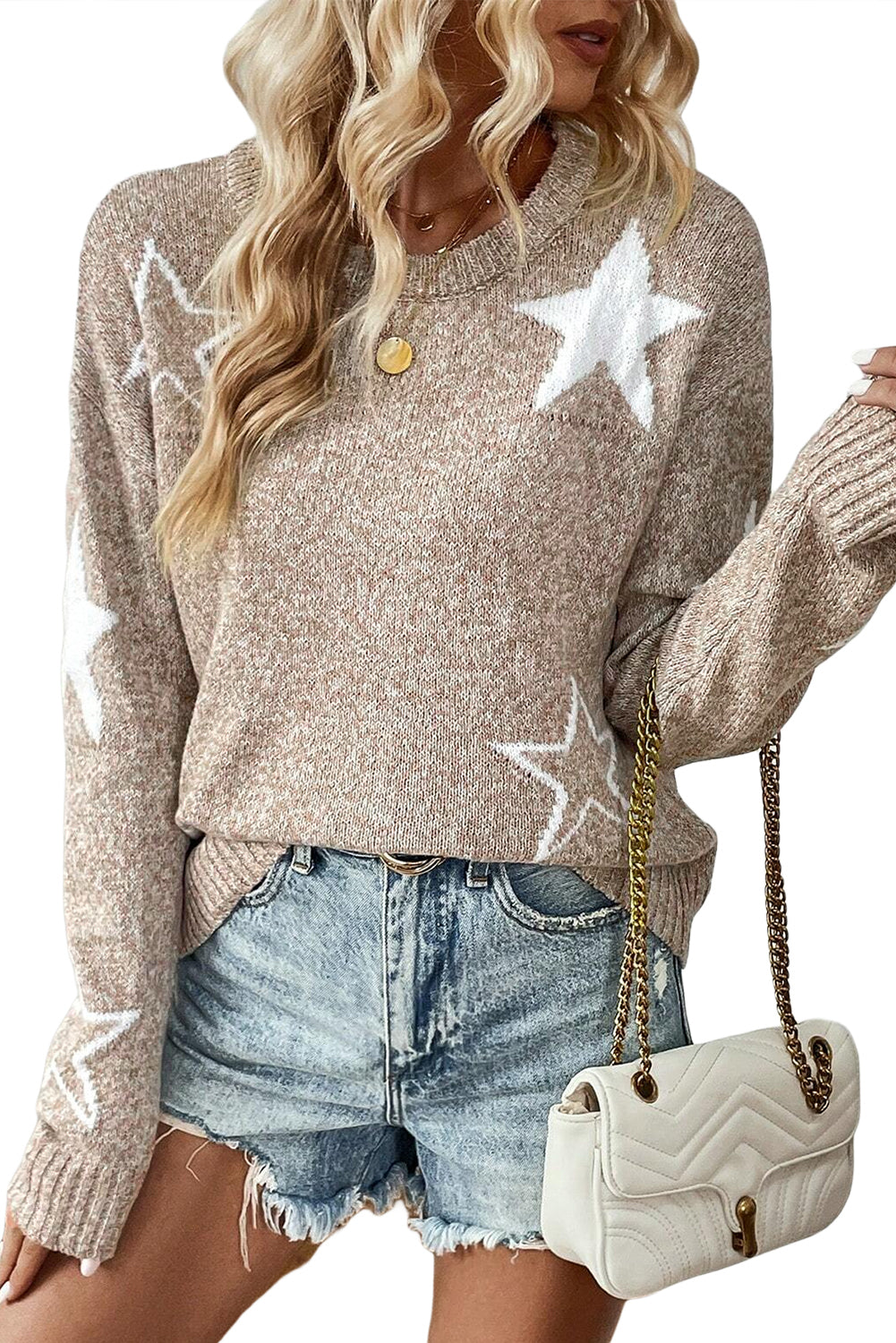 Khaki Star Pattern Drop Shoulder Knit SweaterMaterial:100%Polyester

• Elevate your casual look with our sweater, featuring a trendy star design on a cozy rib-knit fabric.
• The drop shoulder design adds a ch