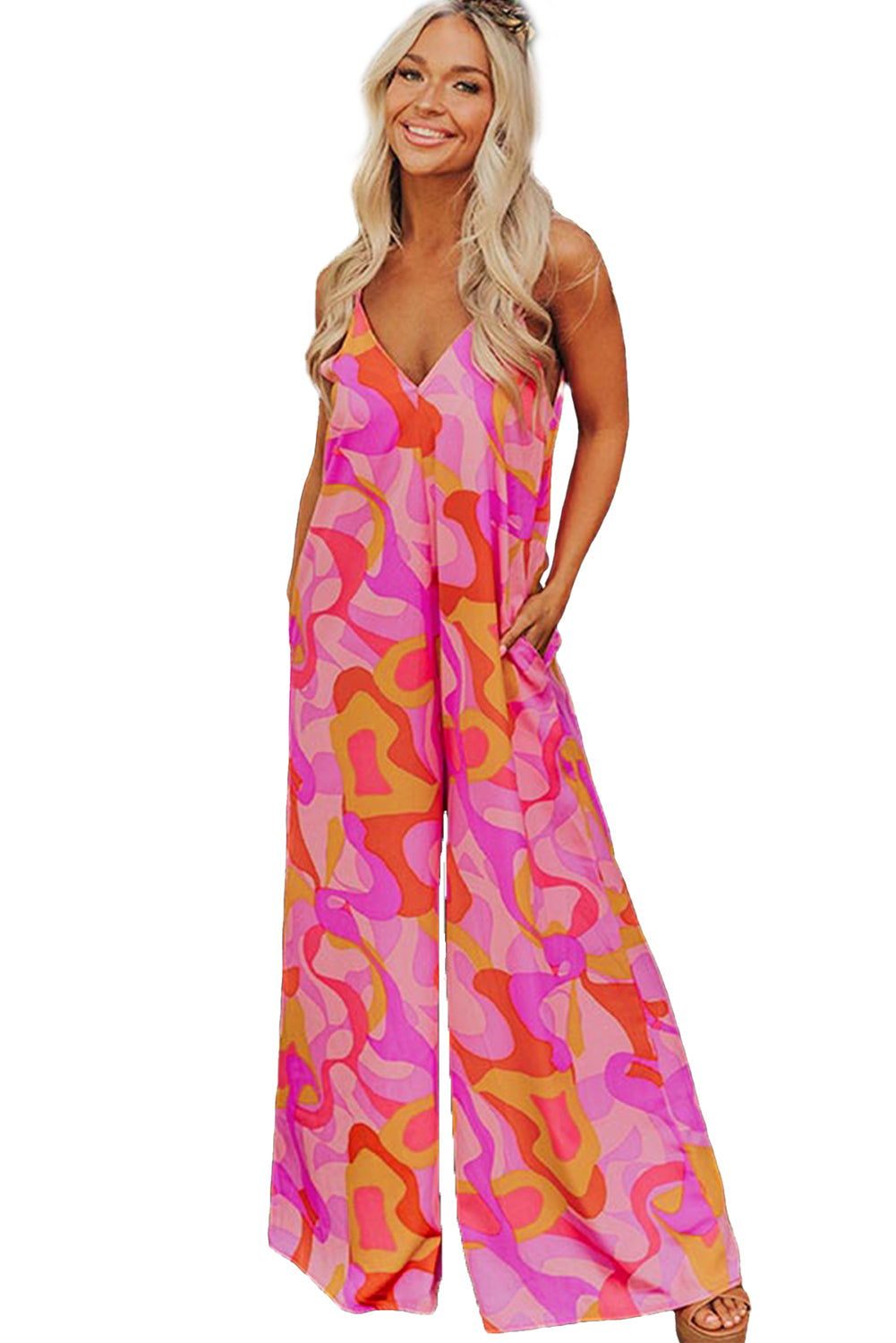 Pink Abstract Print V Neck Slouchy Wide Leg JumpsuitMaterial:100%Polyester

• Embrace a bohemian vibe with this jumpsuit, featuring a unique abstract pattern that adds a touch of artistic flair to your outfit.
• Sta