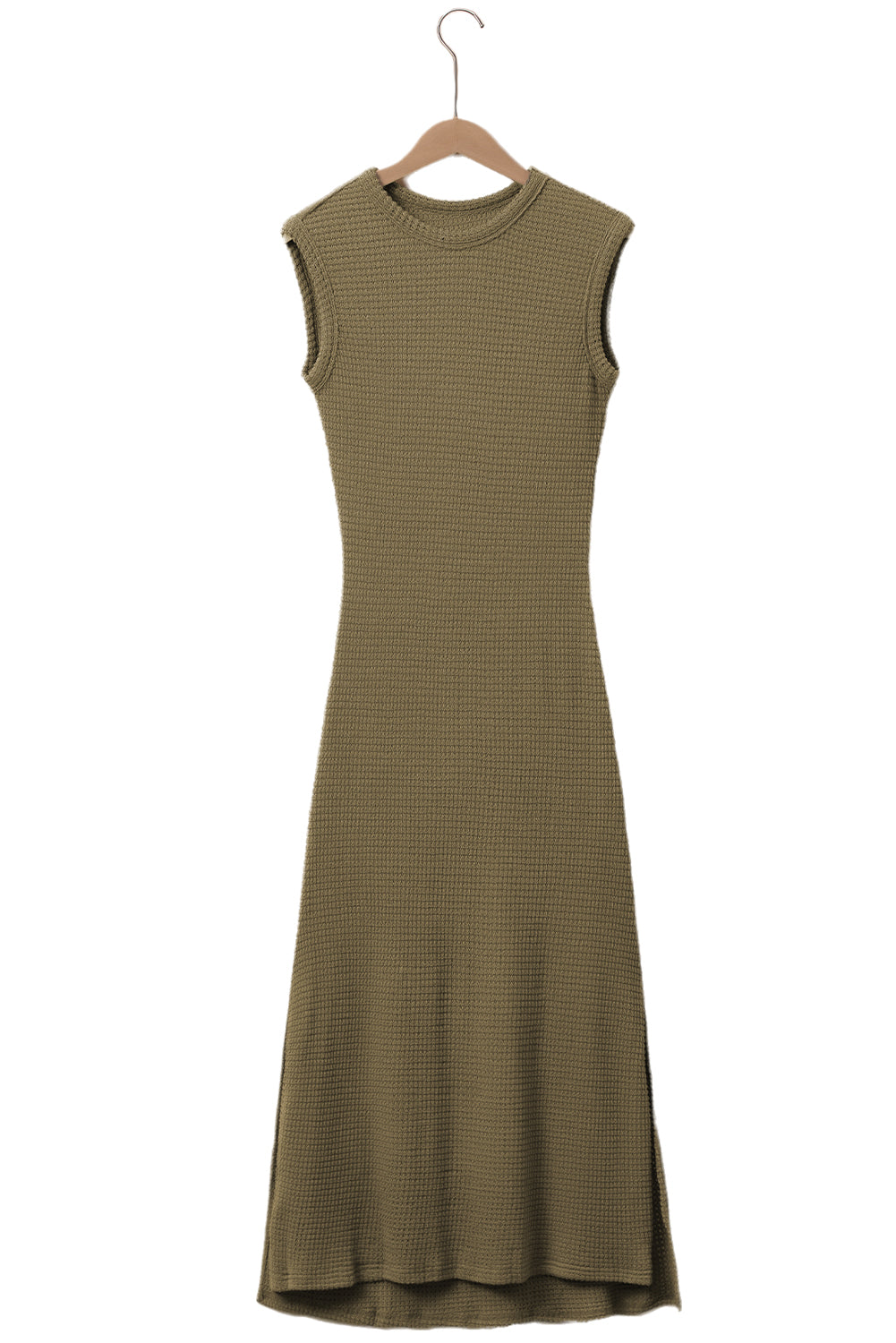 Jungle Green Sleeveless Waffle Knit Side Slit Maxi DressMaterial:65%Polyester+30%Viscose+5%Elastane


	


		The maxi dress is made of a cozy and textured waffle knit fabric, providing both comfort and style.
	
	
		