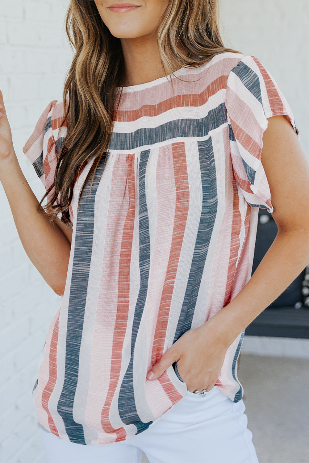 Pink and Blue Stripes Shirt Flutter Sleeve V Neck BlouseMaterial:100%Polyester


	•This simple striped print top looks very stylish and casual, and you'll get a lot of compliments wearing it 


	•Drawstring neckline 