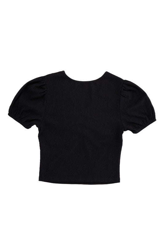 Shirred V neck top with puff sleeves- Shirred V neck top with puff sleeves- Pattern type : solid- Neck line : V neck- Sleeve type : puff sleeves- Sleeve length : short sleeves- Stretch : stretch- Sheer