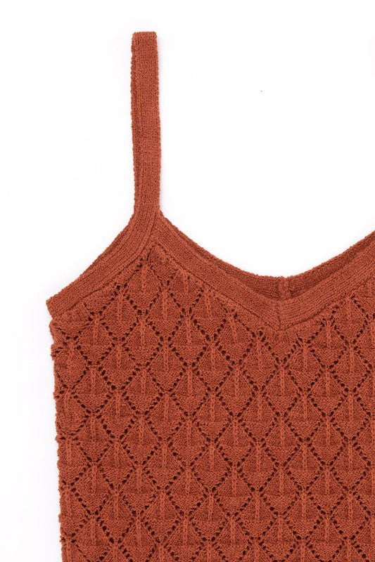 Crochet knit tank- Crochet knit tank- Pattern type : solid- Sleeve length : sleeveless- Stretch : stretch- Sheer : sheer due to loose texture- Care instruction : machine wash cold, o