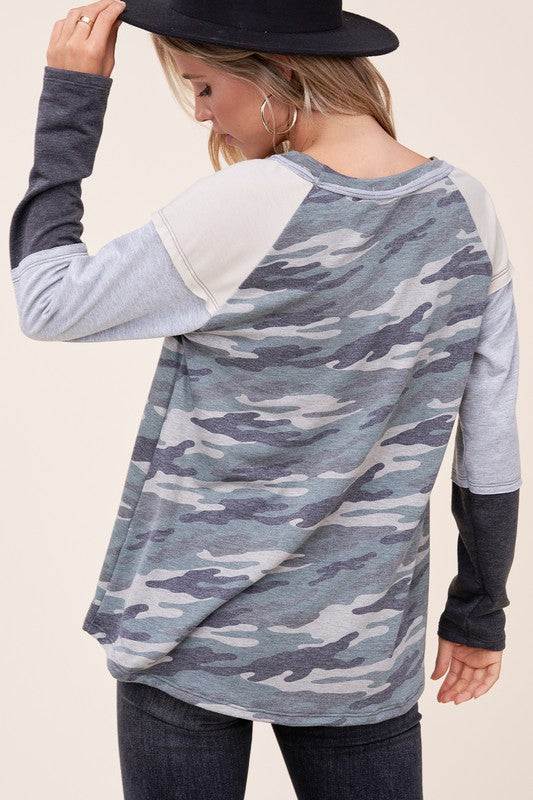 PLUS CAMOUFLAGE COLOR BLOCK TOPFRENCH TERRY CAMOUFLAGE PRINT AND SOLID COLOR BLOCKED LONG SLEEVE ROUND NECK RAW EDGE DETAIL PLUS TOP - MADE IN U.S.A
Style: Casual
Print / Pattern: CAMOUFLAGE PRINT