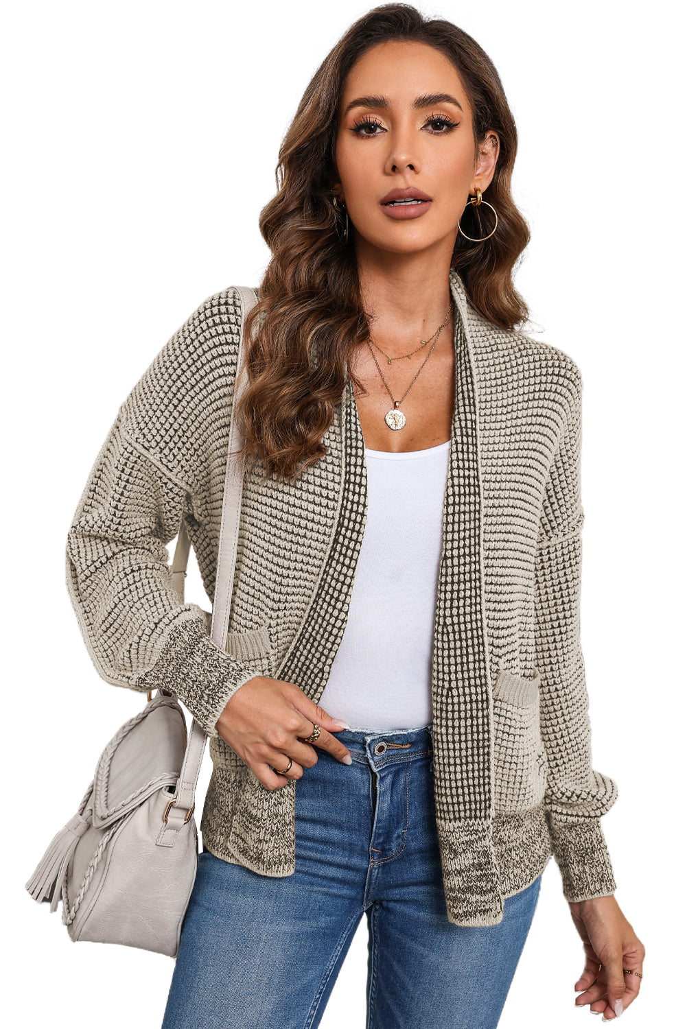 Gray Chunky Knit Pockets Drop Sleeve Cardigan