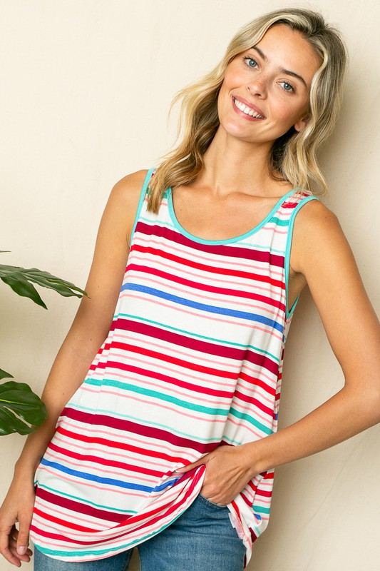 MULTI STRIPE TANK TOPMULTI STRIPE PRINT JERSEY ROUND NECK TANK TOP- Model is 5' 8" 31-24-35 and wearing a Small- 95% RAYON, 5% SPANDEX - MADE IN USA
Style: Casual
Print / Pattern: Stripe