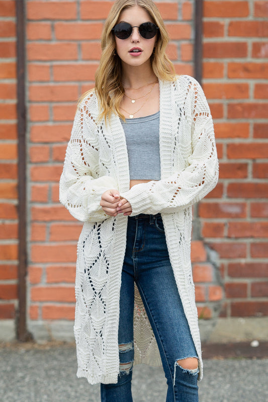 White Crochet Knit Hollowed Open Front Cardigan