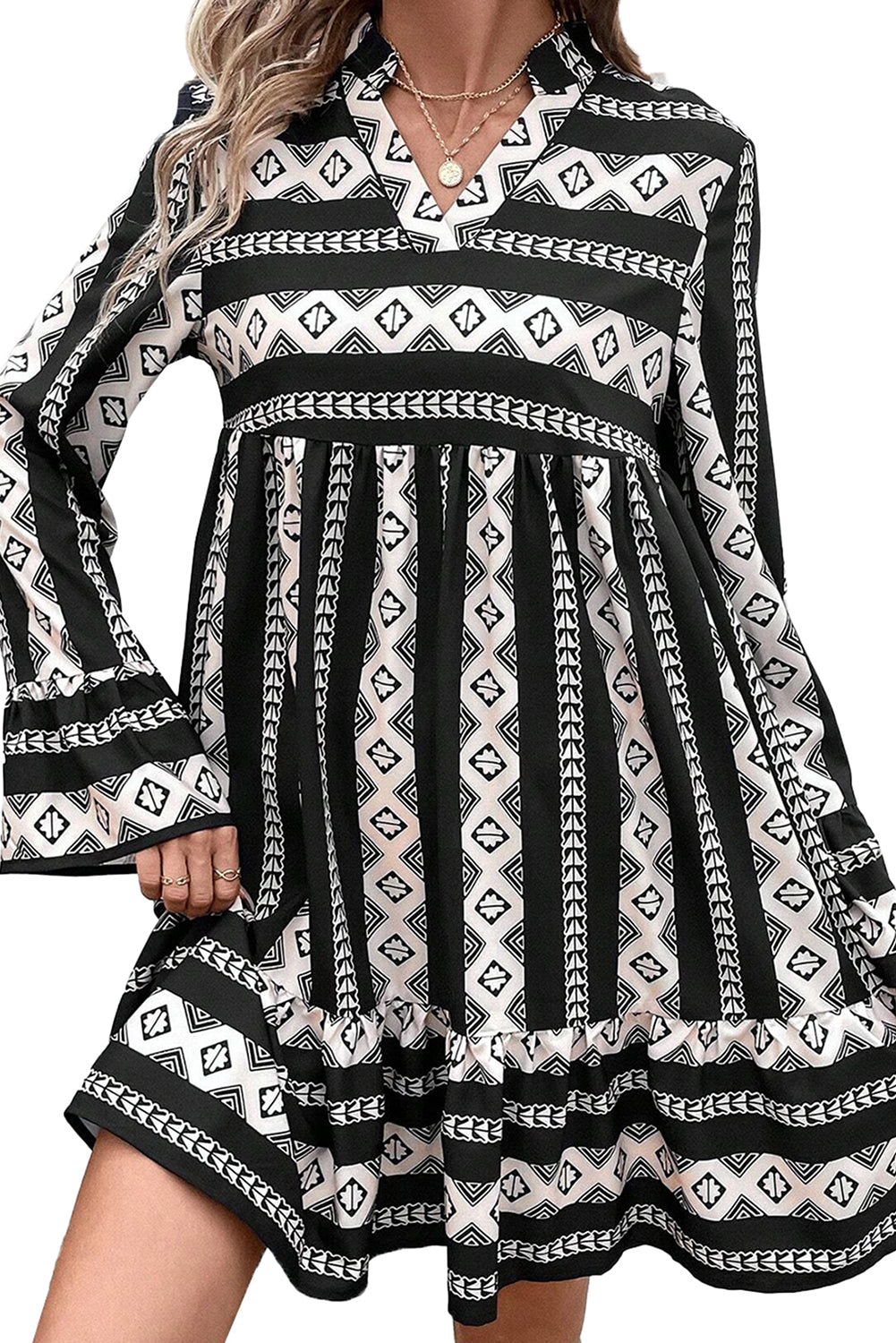 Black Boho Geometric Printed Flared Long Sleeve Mini Dress