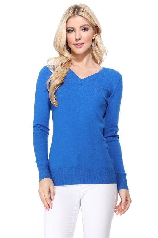 Women's Long Sleeve V-Neck Pulll Over Sweater Top- 25"-26.5" Length, V-Neck, Long Sleeve, Casual, Basic, and Classic Viscose Knitted Pullover Sweater- Lightweight Knit Pullover Sweater with High Quality Soft Viscos