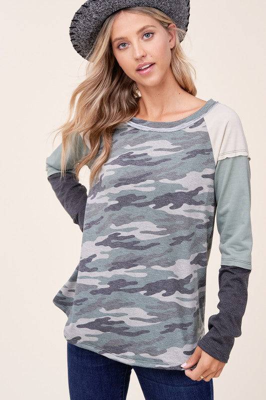 CAMOUFLAGE COLOR BLOCK TOPFRENCH TERRY CAMOUFLAGE PRINT AND SOLID COLOR BLOCKED LONG SLEEVE ROUND NECK RAW EDGE DETAIL TOP - MADE IN U.S.A.
Style: Casual
Print / Pattern: CAMOUFLAGE PRINT &am