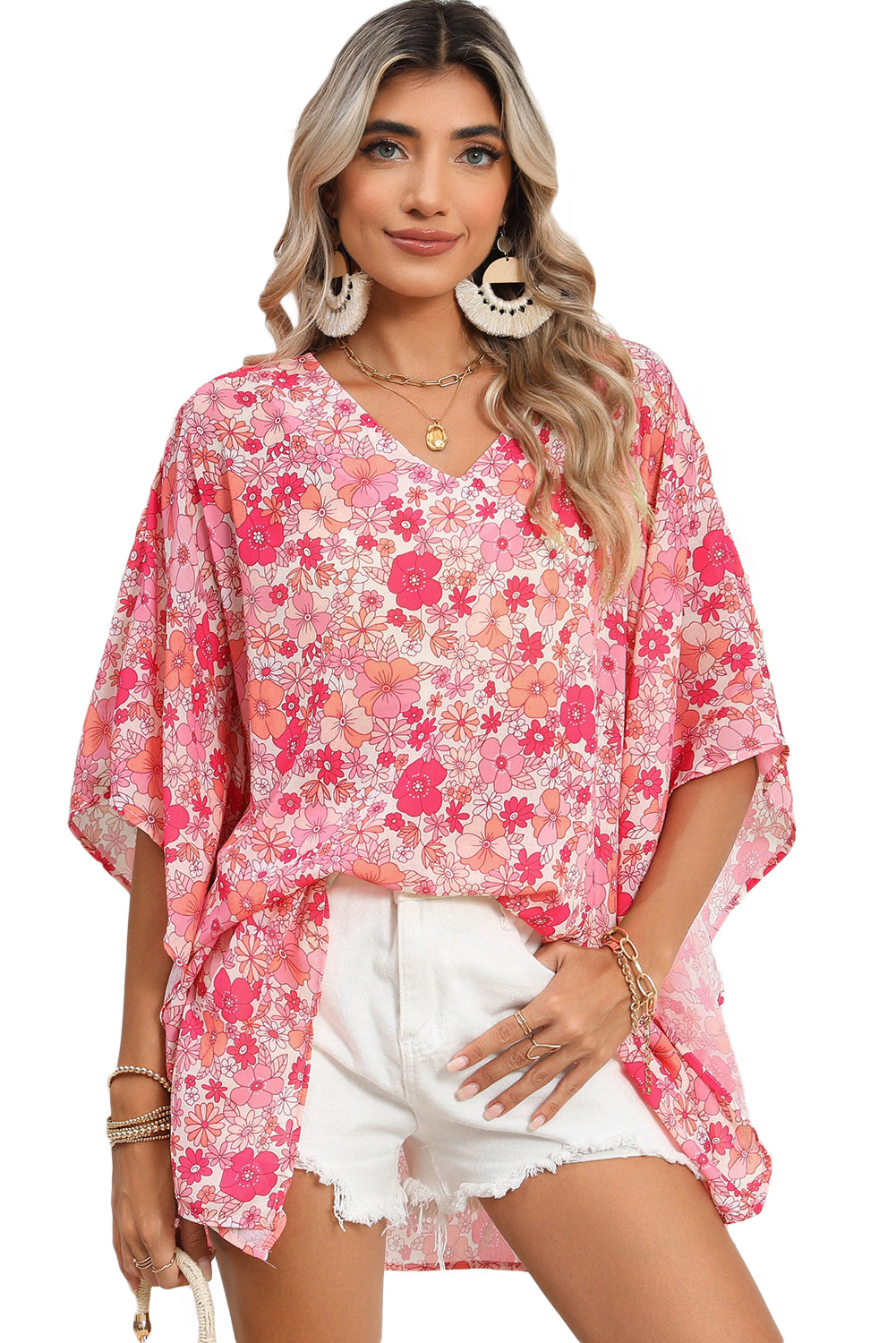 Pink Boho Floral Print V Neck Oversized BlouseMaterial:100%Polyester



		This oversized blouse is not only cool and comfortable but also suitable for any figure, making it a versatile choice for various body 