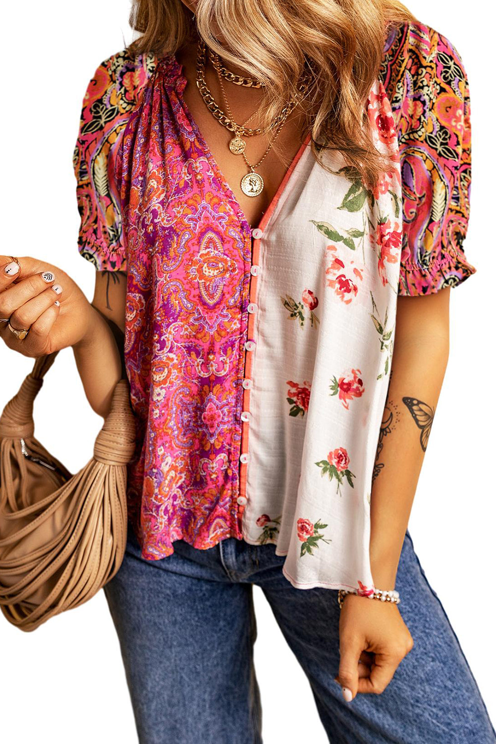 Multicolor Boho Floral Patchwork Frill Neck Short Sleeve BlouseMaterial:100%Viscose



		This blouse is designed with a frill neck and short sleeves, creating a feminine and playful look that is perfect for both casual and dre