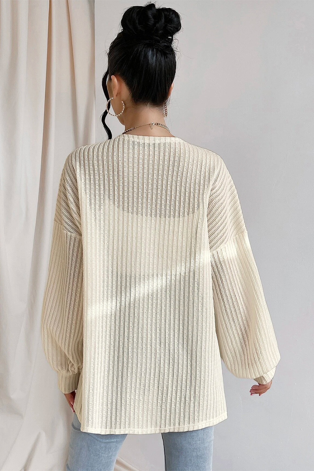 Beige Textured Lantern Sleeve Open Kimono