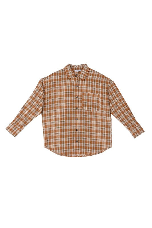 Autumn beige plaid shirts- Autumn beige plaid shirts, 7 buttons at center front and 2 buttons at each cuff, 1 pocket at left chest, shirt tail- Pattern type : plaid- Neck line : shirt collar