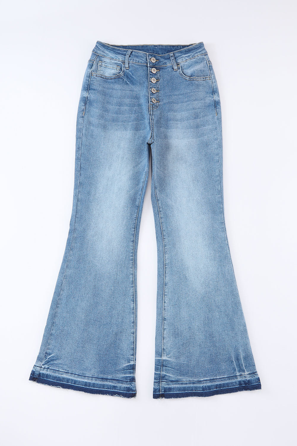 Blue Light Wash High Waisted Bell Bottom JeansMaterial:71%Cotton+27.5%Polyester+1.5%Elastane



		• These jeans are made from high-quality denim material, ensuring durability and long-lasting wear.
	
	
		• 