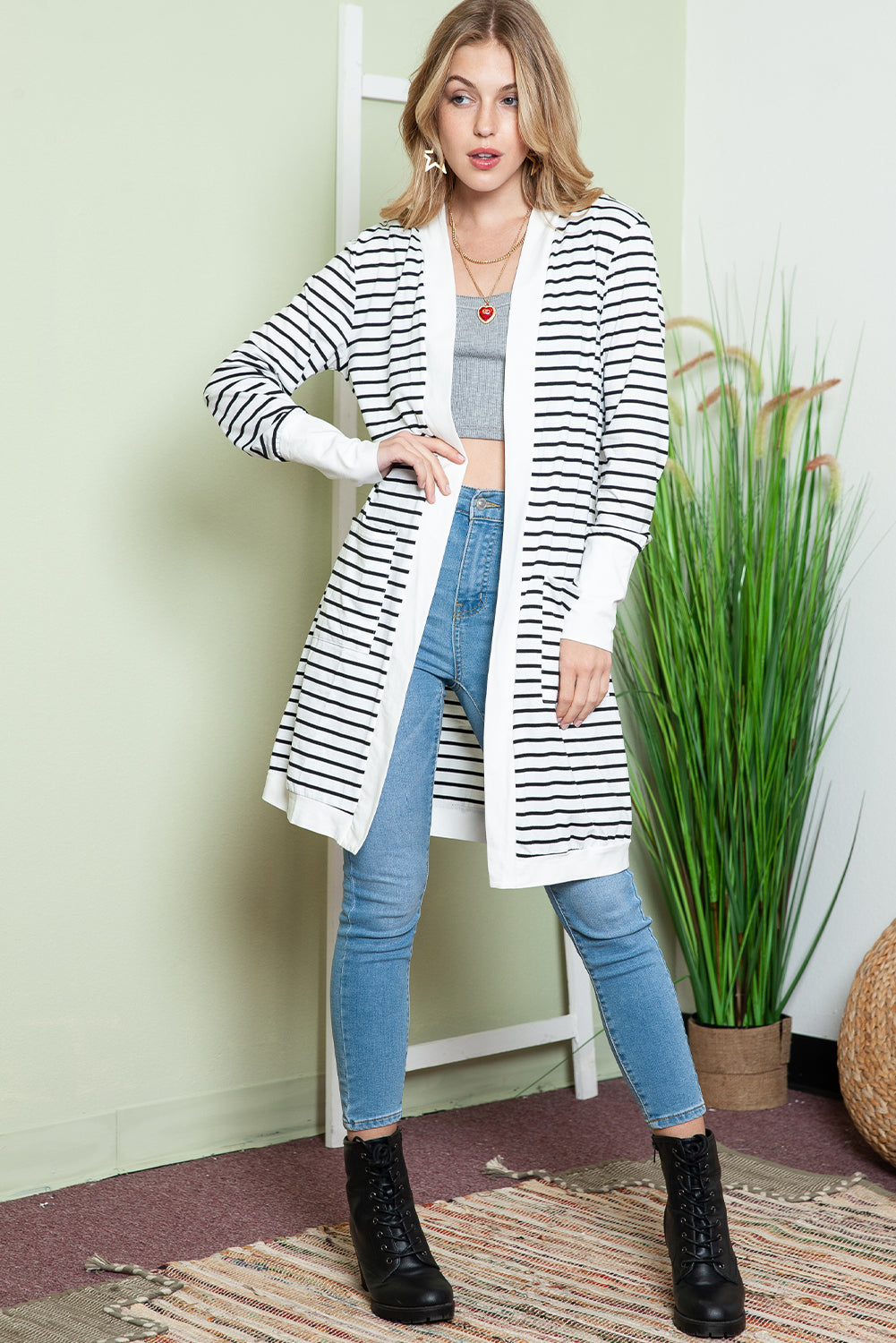 Brown Striped Side Pockets Open Front Long Cardigan