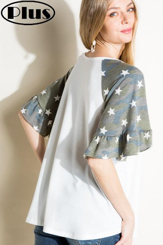 PLUS SOLID CAMO MIX RUFFLED SL TOPFRENCH TERRY SOLID AND CAMOUFLAGE PRINT MIXED V NECK RUFFLED HALF SLEEVE PLUS TOP
Style: Casual
Print / Pattern: SOLID &amp; CAMOUFLAGE PRINT
Fit: Loose
Neck Line: V