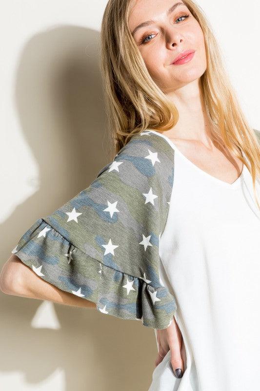 SOLID CAMO MIX RUFFLED SL TOPFRENCH TERRY SOLID AND CAMOUFLAGE PRINT MIXED V NECK RUFFLED HALF SLEEVE TOP87% POLYESTER, 10% RAYON, 3% SPANDEX MADE IN USAS/M/L 2-2-2
Style: Casual
Print / Pattern