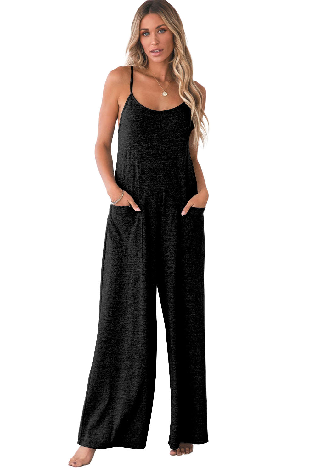 Gray Loose Fit Side Pockets Spaghetti Strap Wide Leg JumpsuitMaterial:65%Polyester+30%Cotton+5%Elastane



		Featuring a loose fit, the wide leg
jumpsuit provides freedom of movement
	
	
		Spaghetti straps highlight wome