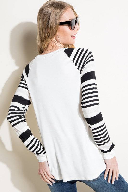 PLUS ENGINEERING STRIPE MIXED TOPPLUS ENGINEERING STRIPE AND SOLID MIXED LONG SLEEVE ROUND NECK TOP-ENGINEERING STRIPE AND SOLID JERSEY MIXED-LONG SLEEVE ROUND NECK-BASEBALL CASUAL PLUS TOP-95% RAYO