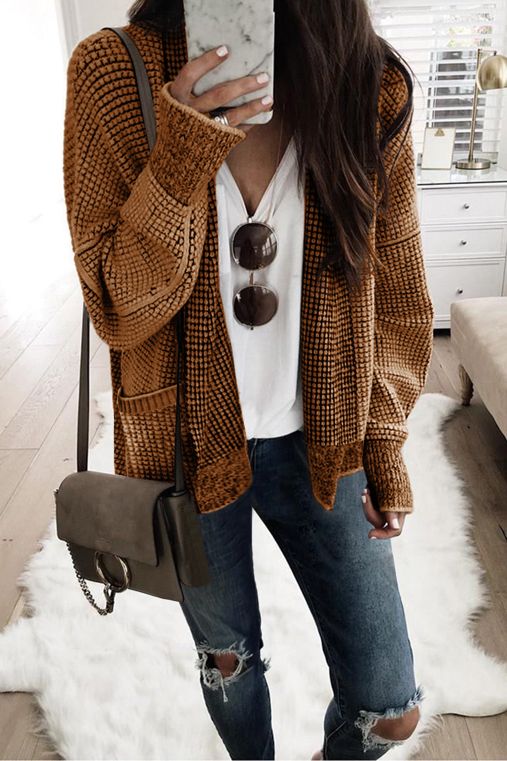 Gray Chunky Knit Pockets Drop Sleeve Cardigan