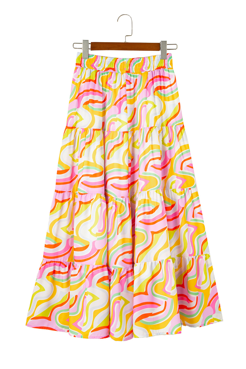 Pink Bohemian Abstract Print Tiered Maxi SkirtMaterial:100%Polyester

• Embrace bohemian vibes with our maxi skirt, perfect for adding a touch of whimsy to your summer wardrobe.
• The intricate abstract print 