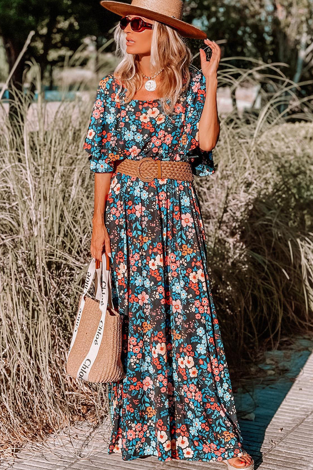 Sky Blue Boho Floral Print Knotted Backless Maxi DressMaterial:100%Viscose



		This is a perfect dress for summer fashion
	
	
		Features a elegant silhouette with flowy sleeves
	
	
		Only the relaxed long dress