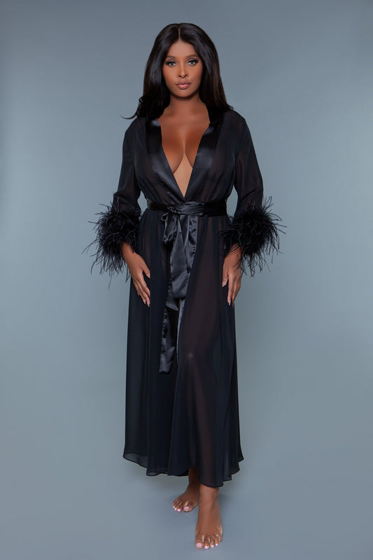 2257 Sahar RobeThe Full-Length Chiffon Robe with Ostrich Feather Trim is the epitome of luxurious elegance, designed for those who seek to add a touch of glamour to their loungewea