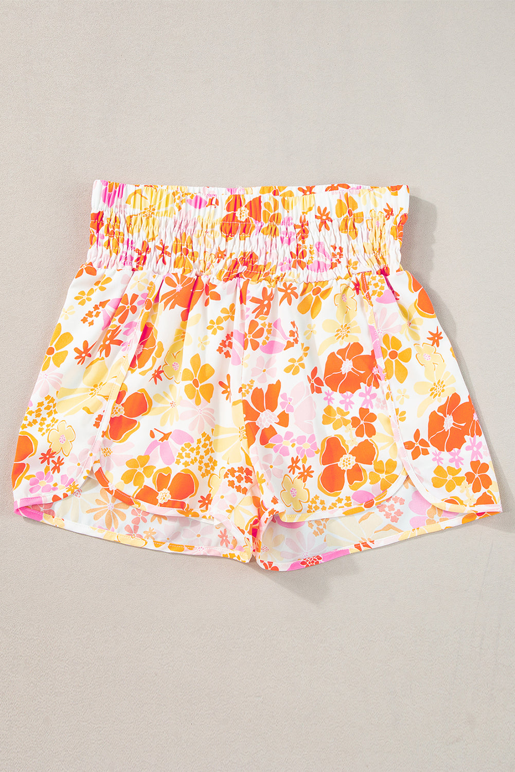 Pink Boho Floral Shirred High Waist Athletic Shorts