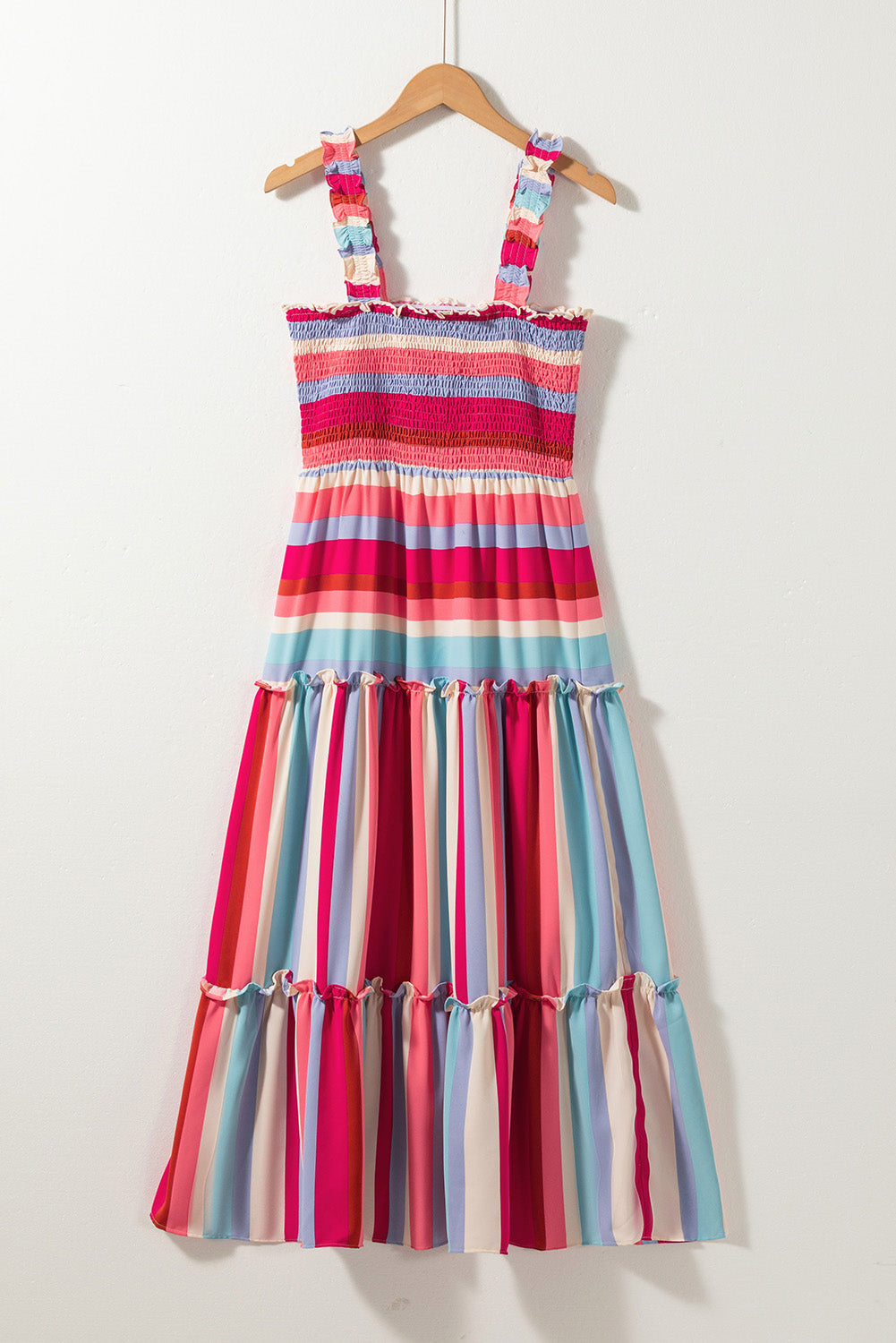 Red Stripe Ruffled Straps Smocked Tiered Midi DressMaterial:100%Polyester



		Embrace the timeless charm of the multicolor stripes pattern, making this long dress a classic and popular choice.
	
	
		Achieve a p