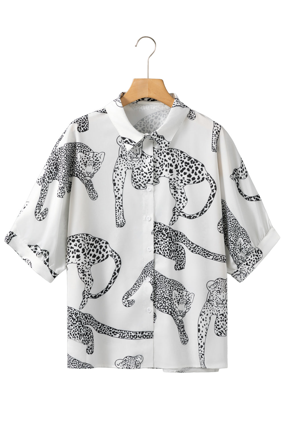 Beige Cheetah Print Buttoned Half Sleeve BlouseMaterial:100%Polyester



		The blouse features a trendy and eye-catching cheetah print pattern, adding a bold and stylish touch to your outfit.
	
	
		Made from