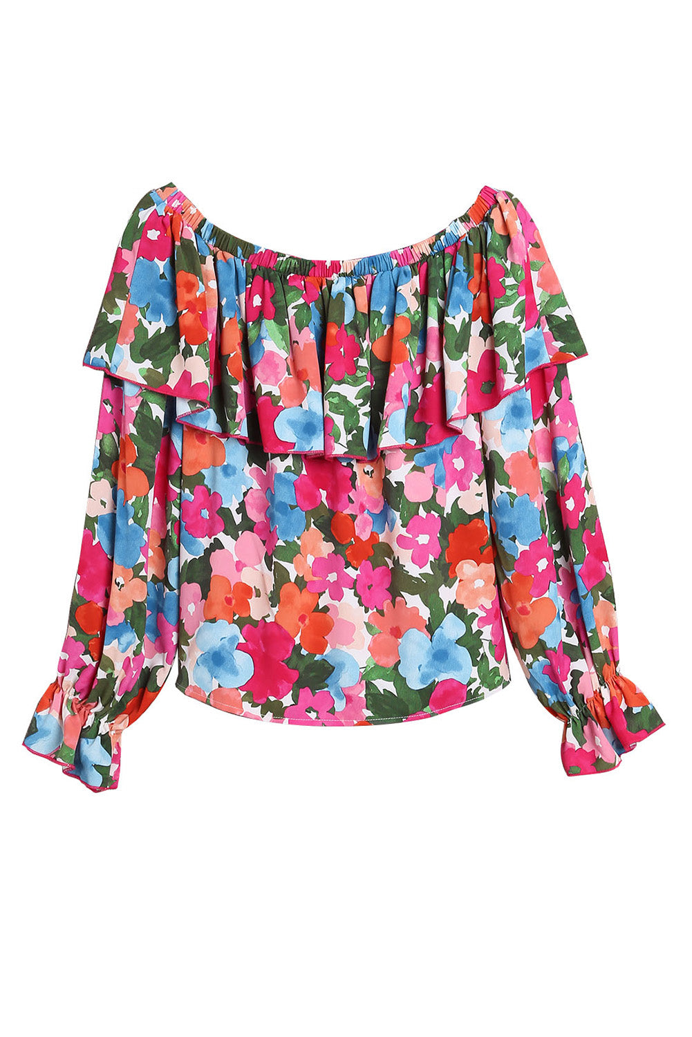 Multicolor Bohemian Floral Print Shirred Ruffle Off Shoulder BlouseMaterial:100%Polyester


	

			This floral print blouse is perfect to change a stylish summer look
		
		
			Featured with off-shoulder, puffy sleeve, and flora