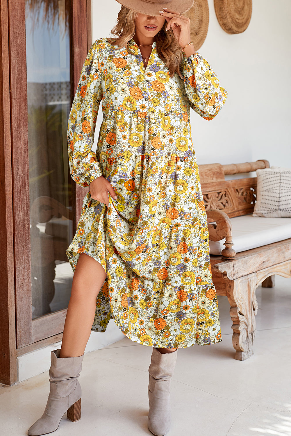 Multicolor Boho Floral Collared Long Sleeve DressMaterial:100%Polyester


	


		The dress is a whimsical and free-spirited dress that showcases a beautiful array of multicolor floral patterns.
	
	
		The coll