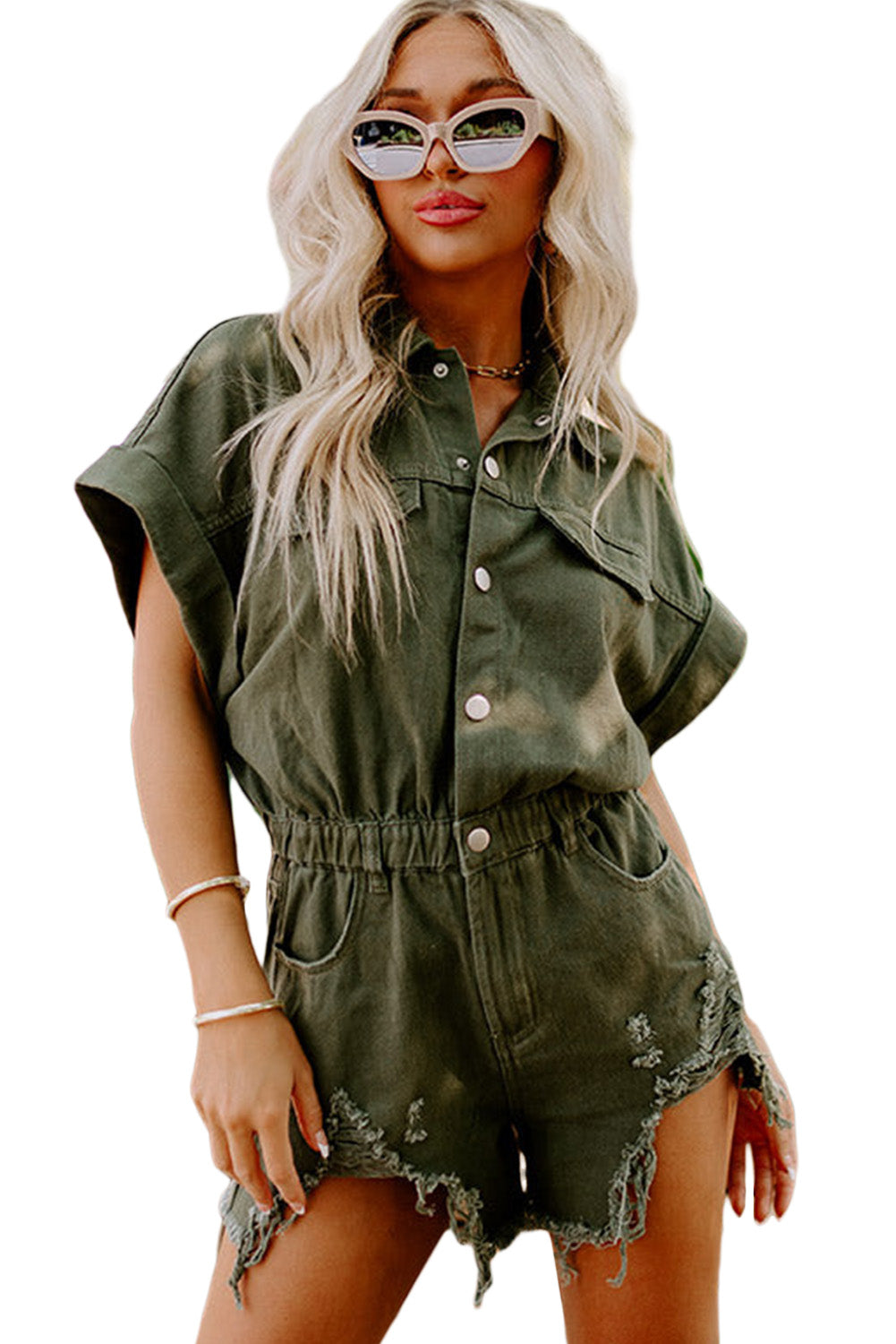 Moss Green Distressed Frayed Denim RomperMaterial:98%Cotton+2%Elastane

• This romper offers a comfortable and stretchy fit for all-day wear.
• The moss green hue brings a touch of nature-inspired charm, 