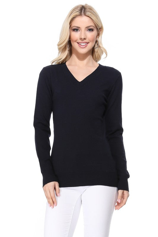 Women's Long Sleeve V-Neck Pulll Over Sweater Top- 25"-26.5" Length, V-Neck, Long Sleeve, Casual, Basic, and Classic Viscose Knitted Pullover Sweater- Lightweight Knit Pullover Sweater with High Quality Soft Viscos