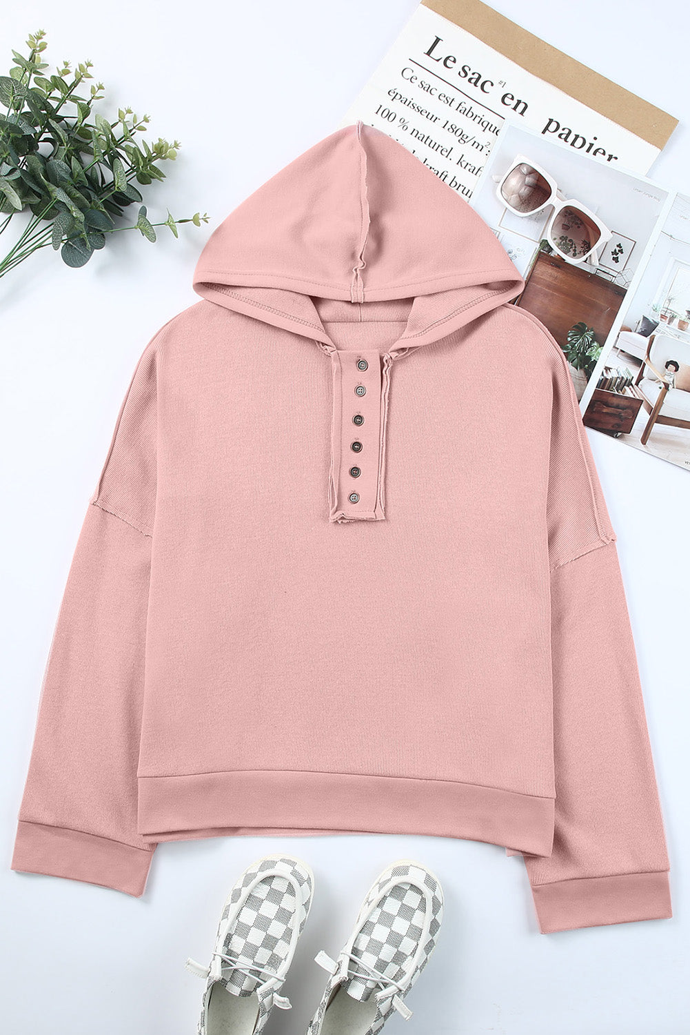 Khaki Solid Color Casual Button Seam Trim Hoodie