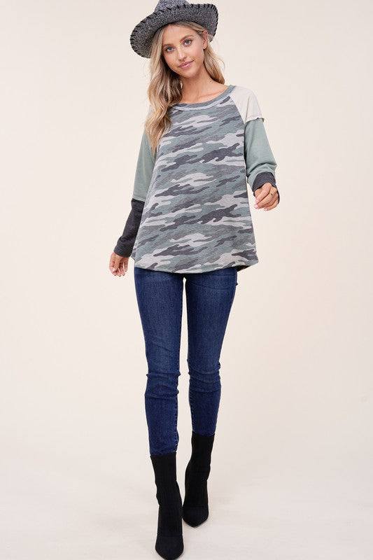 PLUS CAMOUFLAGE COLOR BLOCK TOPFRENCH TERRY CAMOUFLAGE PRINT AND SOLID COLOR BLOCKED LONG SLEEVE ROUND NECK RAW EDGE DETAIL PLUS TOP - MADE IN U.S.A
Style: Casual
Print / Pattern: CAMOUFLAGE PRINT