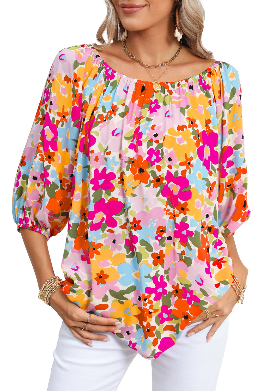 Red 60s Floral Print Puff Sleeve Pleated Elastic Neckline BlouseMaterial:100%Viscose



		This loose blouse allows for ease of movement and makes it a versatile piece
	
	
		The floral print is perfect for adding a pop of pri