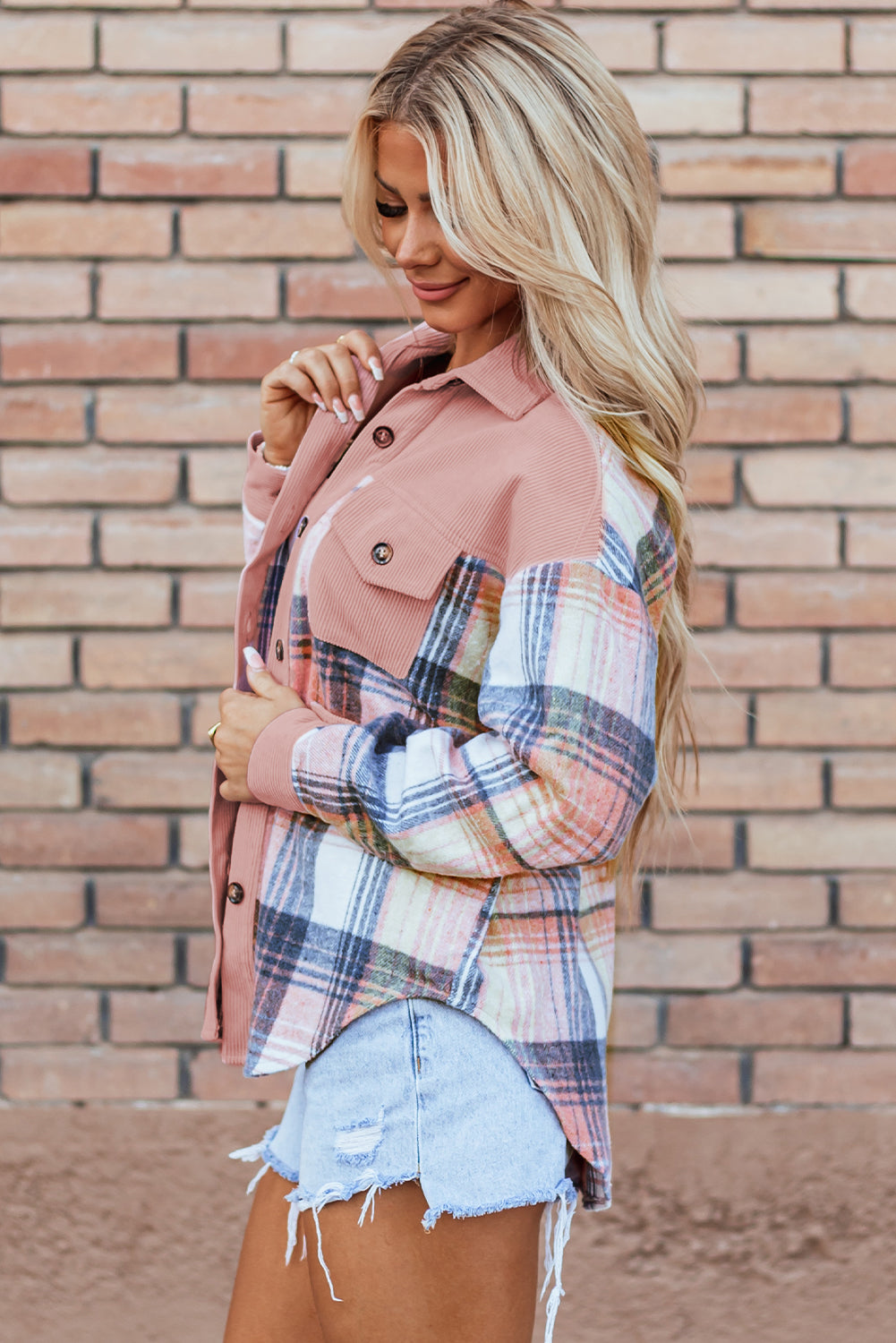 Light Pink Plaid Corduroy Patchwork Pocket Loose Shacket