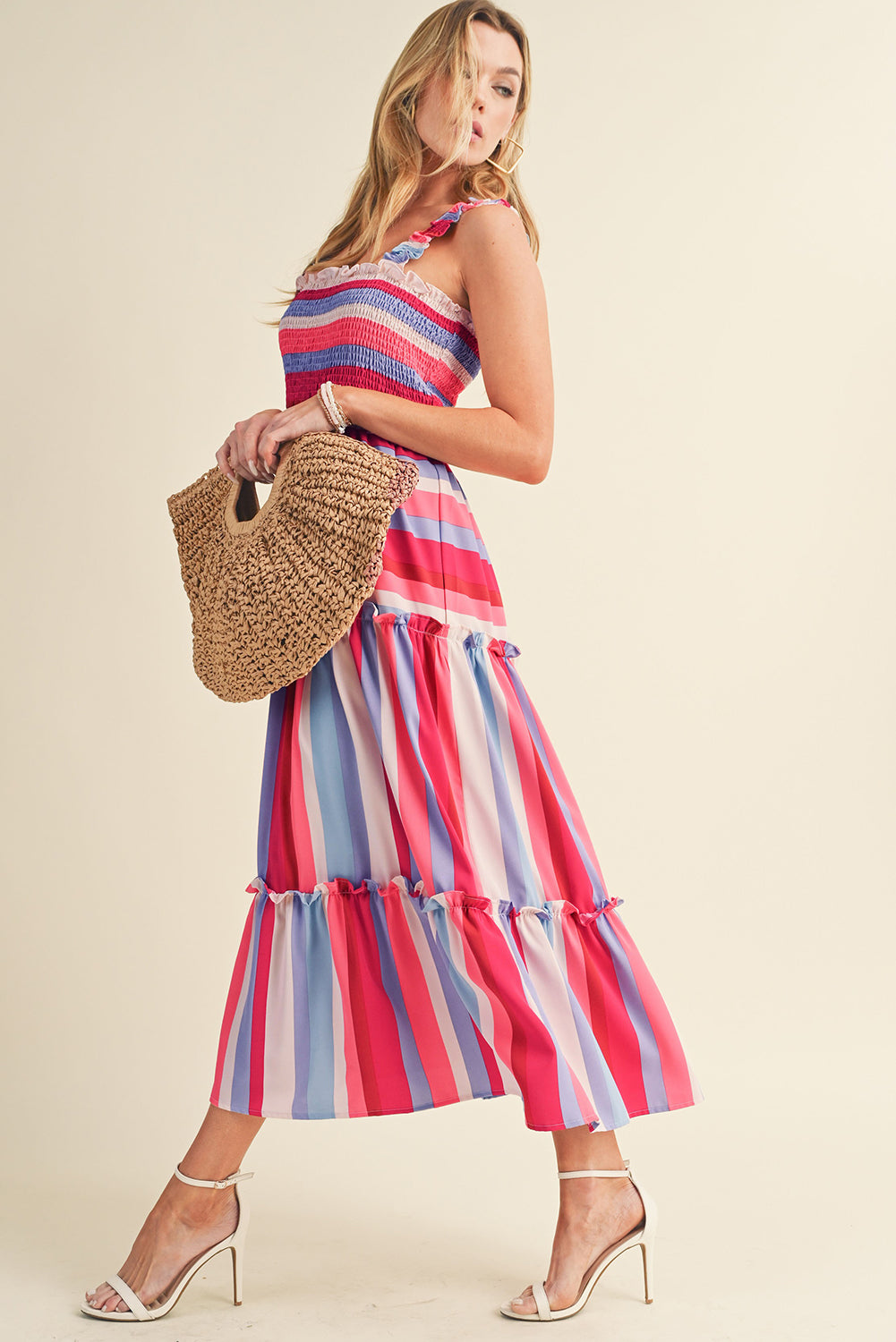 Red Stripe Ruffled Straps Smocked Tiered Midi DressMaterial:100%Polyester



		Embrace the timeless charm of the multicolor stripes pattern, making this long dress a classic and popular choice.
	
	
		Achieve a p