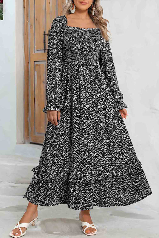 Black Dotty Printed Long Sleeve Square Neck Midi DressMaterial:100%Polyester

• Effortlessly chic, the dress boasts a classic square neckline and shirred details, perfect for daily wear with its long sleeves adding a t