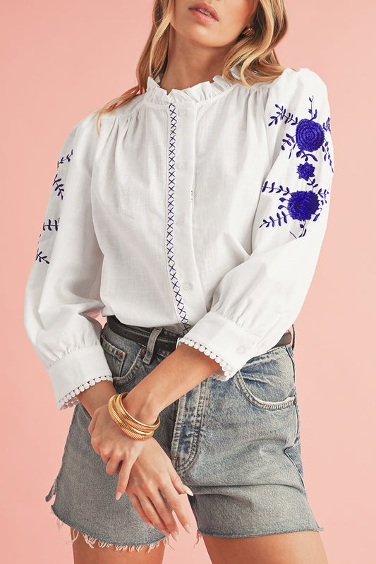 White Floral Embroidered Button Up Boho BlouseMaterial:100%Cotton

• Delicate boho blouse adorned with intricate floral embroidery, exuding a charming and feminine allure.
• Lightweight and breathable fabric m