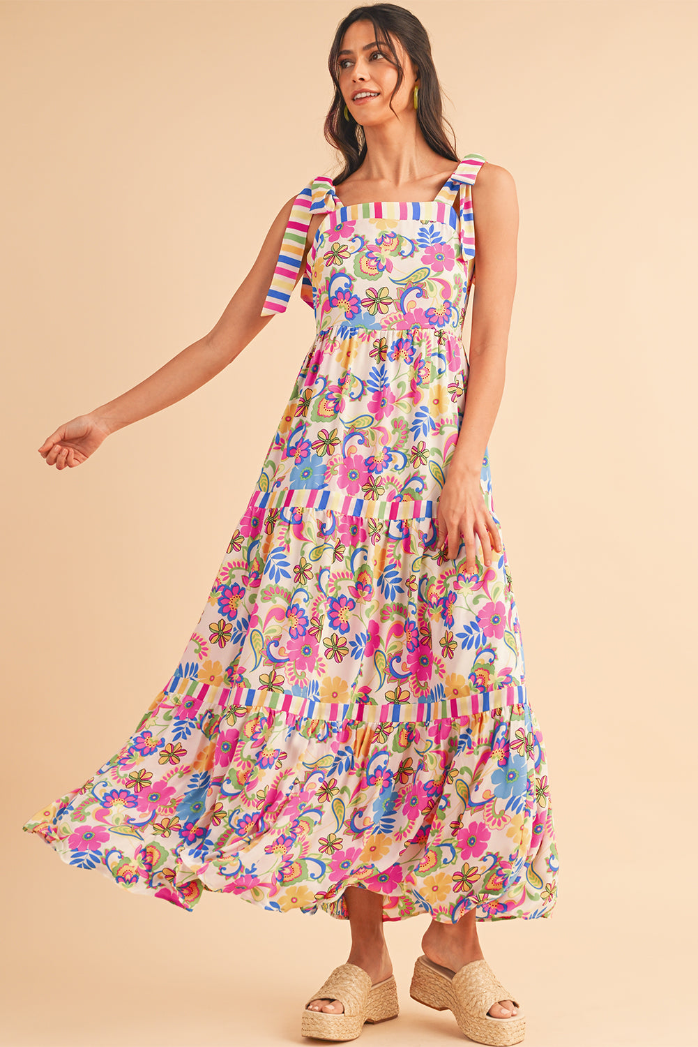 Rose Red Striped Trim Tie Straps Floral Maxi DressMaterial:100%Polyester


	


		Embrace a touch of elegance with our maxi dress, crafted from a soft, breathable fabric that ensures comfort and style, perfect fo