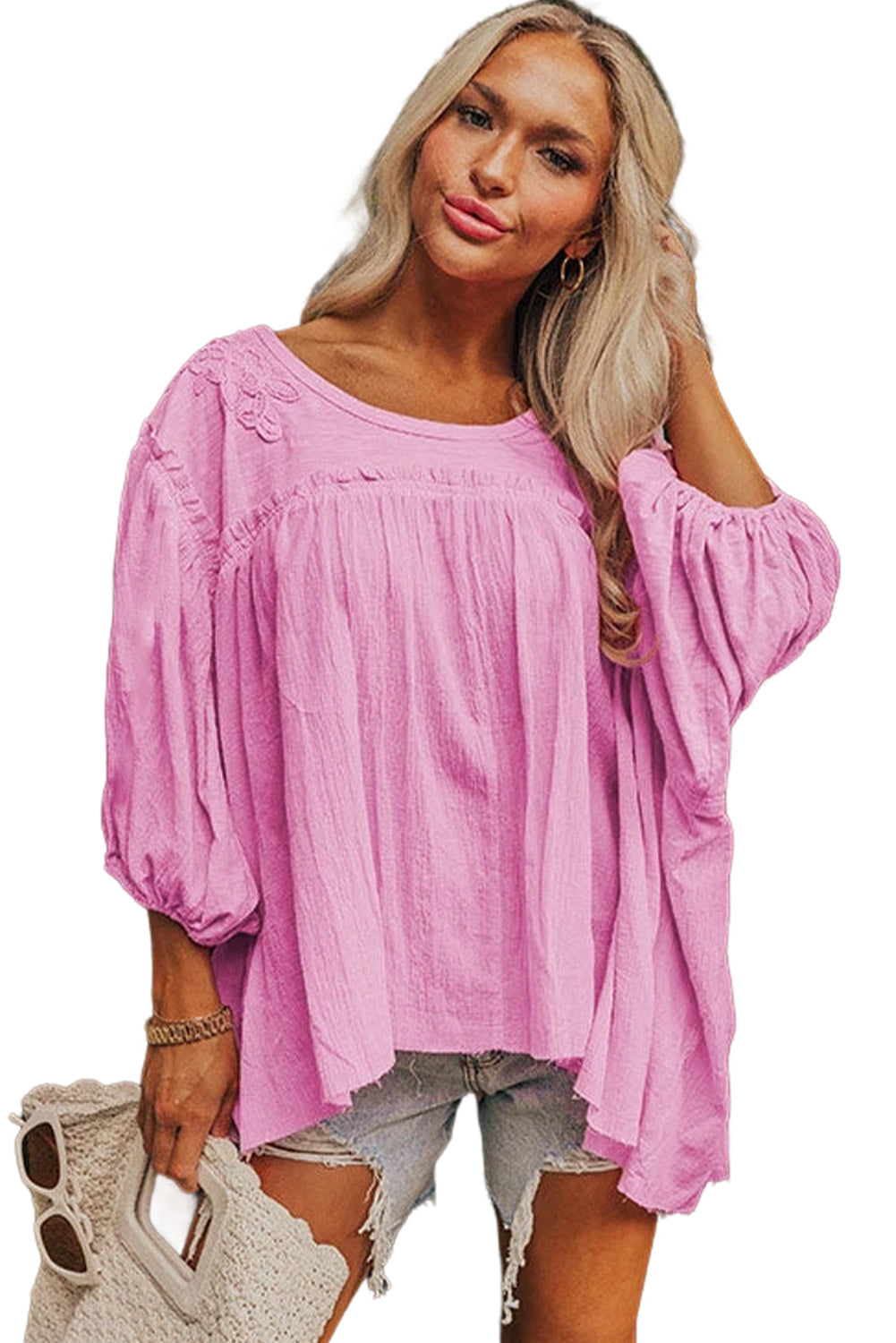 Pink Bracelet Sleeve Frill Detail Babydoll BlouseMaterial:100%Cotton

• Delicate pink lace accents add a touch of elegance to this babydoll blouse, perfect for a charming look.
• The bracelet sleeves provide a st