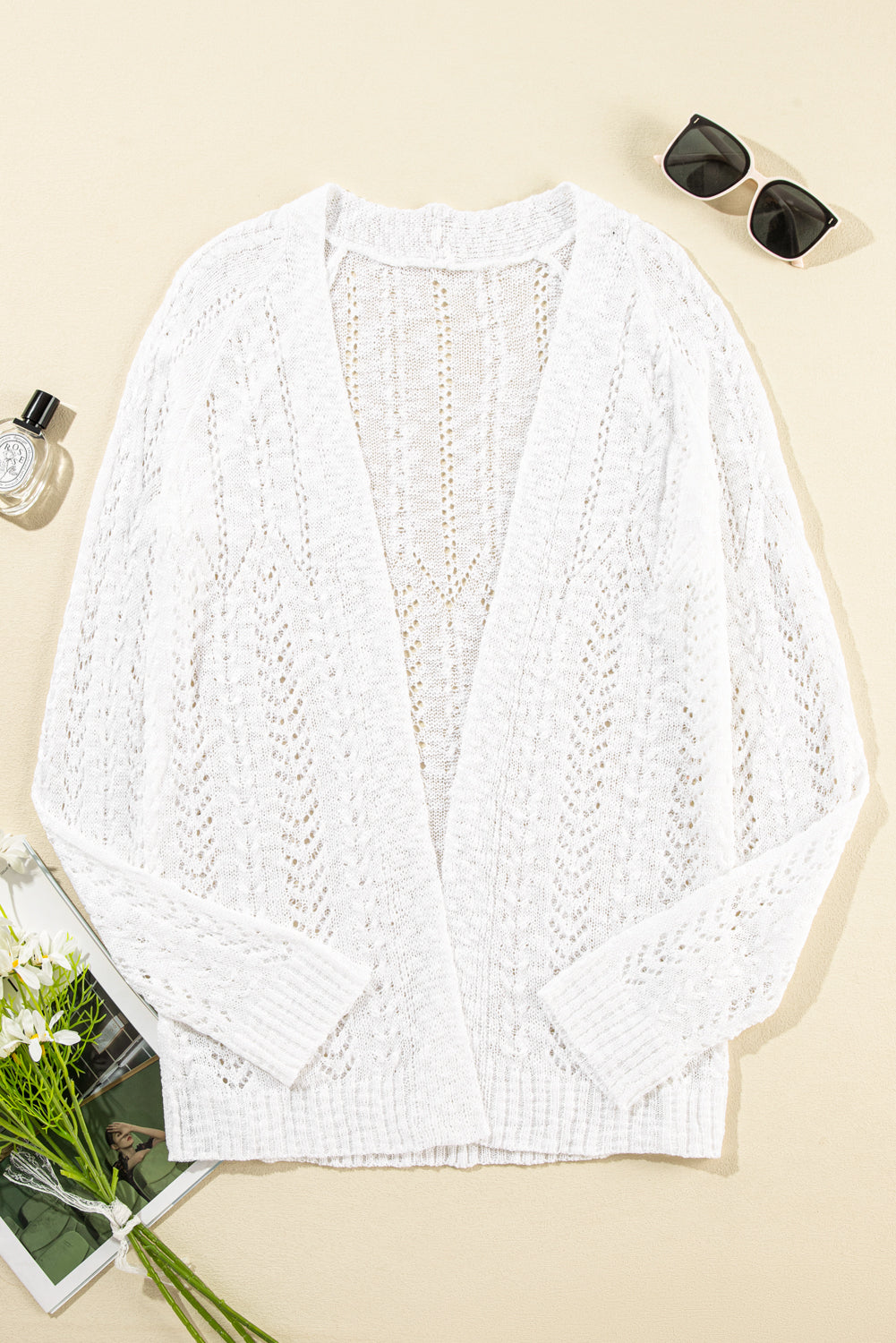 White Solid Color Hollow Knit Open Front Cardigan